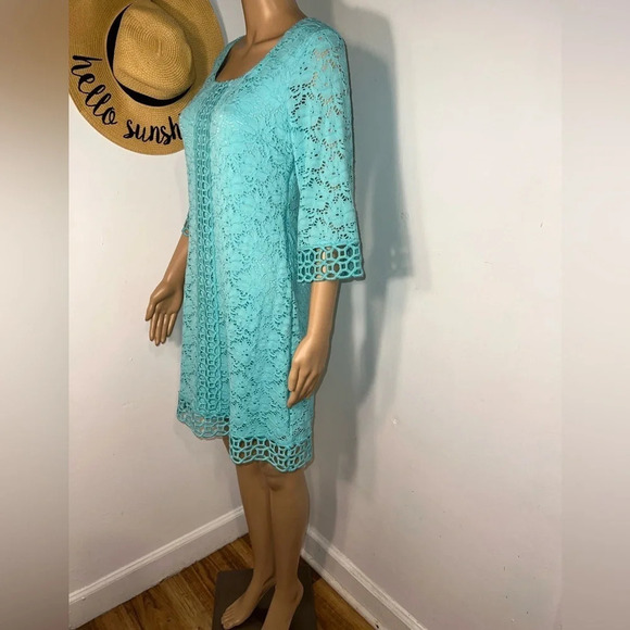 Alfani, PS, eyelet and open crochet, 3/4 sleeves, aqua marine, scoop neck, midi - Picture 2 of 5